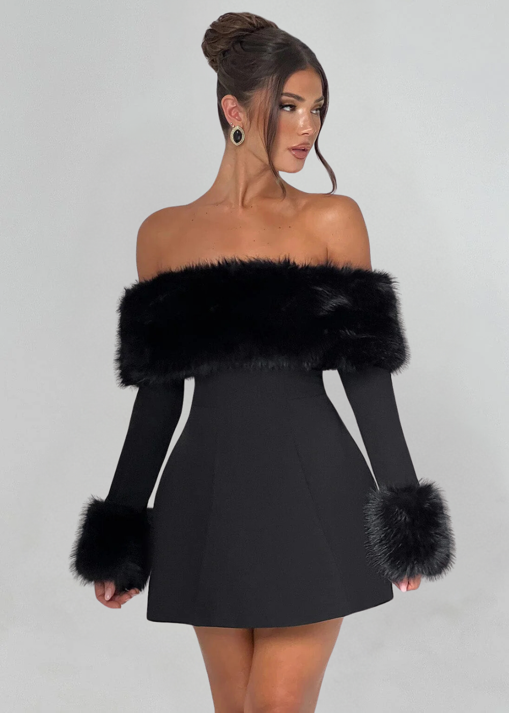 Selina Off-Shoulder Fur Sleeve Mini Dress